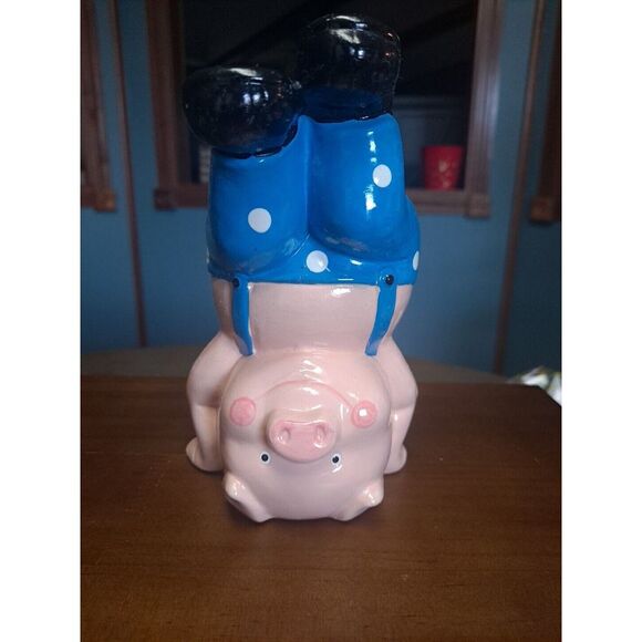 Ceramic 5 1/2" Porky Pig in‎ Blue Overalls in Headstand Figurine Piggy Bank - Picture 1 of 6